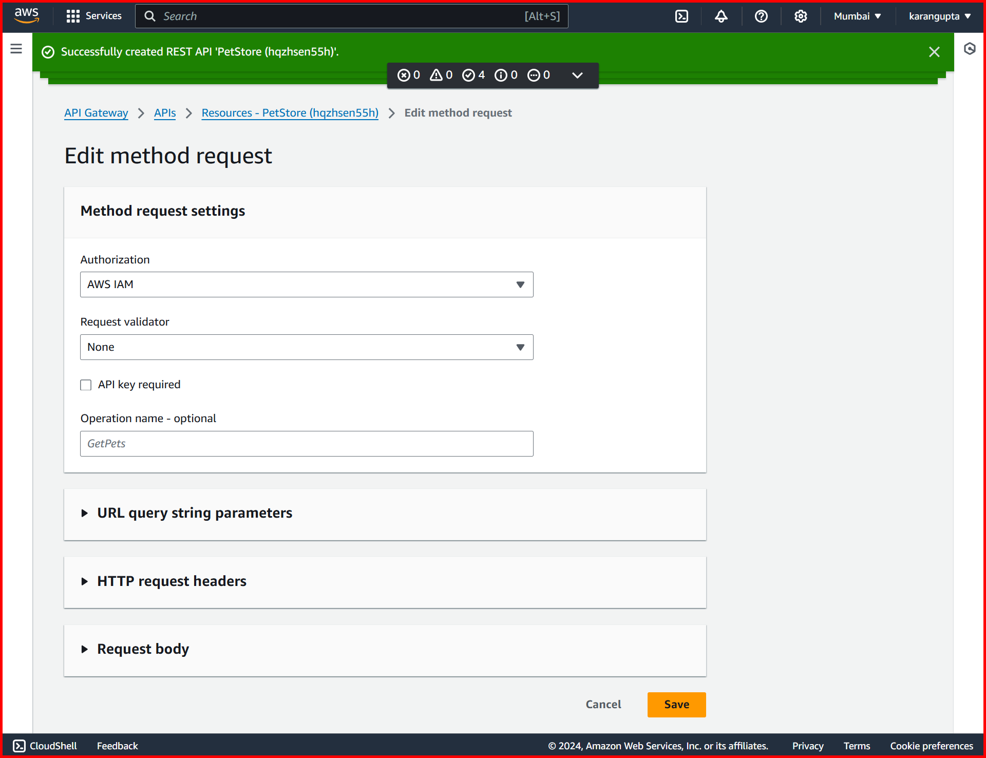 Picture showing the authorization option in the method request settings screen